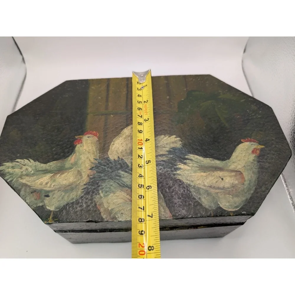 Hand Painted Chicken Octagonal Wooden Keepsake Storage Box Farmhouse Decor 12in